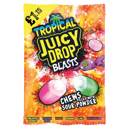 BAZOOKA JUICY DROP BLASTS TROPICAL PMP £1.15 12PK 120G