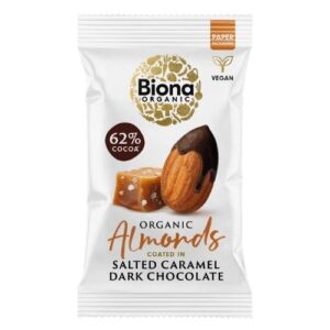 BIONA ORGANIC DARK CHOCOLATE SALTED CARAMEL ROASTED ALMONDS 30G